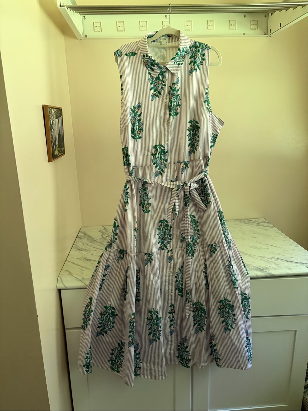 J. Crew White and Green Striped Floral Midi Dress with Tie Waist - women’s 20